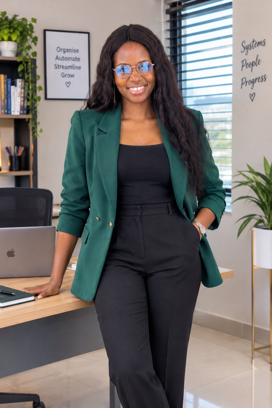 Rebecca Sunday Ufot-Ayoola standing in a bright, organized office